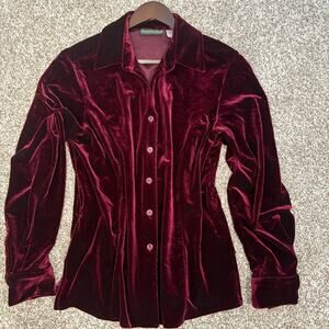 Harve' Bernard Burgundy Stretch Velvet Button Front Blouse Medium Dark Academia